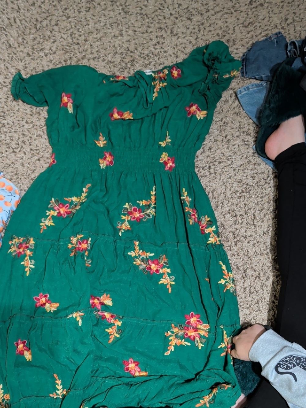 Green Floral Off-Shoulder Midi Dress